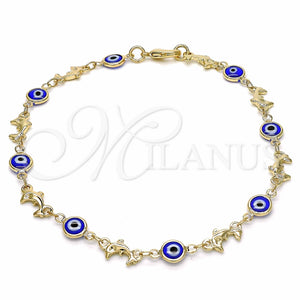 Tobillera Elegante 03.326.0009.2.10 Oro Laminado, Diseño de Ojo Griego y Delfín, Resinado Azul, Tono Dorado (07 MM Thickness, 10 Inches Length)