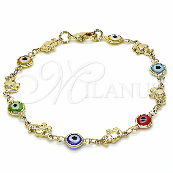 Pulsera Elegante 03.326.0010.08 Oro Laminado, Diseño de Ojo Griego y Elefante, Resinado Multicolor, Tono Dorado (07 MM Thickness, 8 Inches Length)