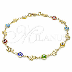 Tobillera Elegante 03.326.0010.10 Oro Laminado, Diseño de Ojo Griego y Elefante, Resinado Multicolor, Tono Dorado (07 MM Thickness, 10 Inches Length)