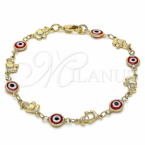 Pulsera Elegante 03.326.0010.1.08 Oro Laminado, Diseño de Ojo Griego y Elefante, Resinado Rojo, Tono Dorado (07 MM Thickness, 8 Inches Length)