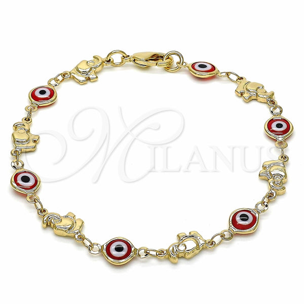 Pulsera Elegante 03.326.0010.1.08 Oro Laminado, Diseño de Ojo Griego y Elefante, Resinado Rojo, Tono Dorado (07 MM Thickness, 8 Inches Length)