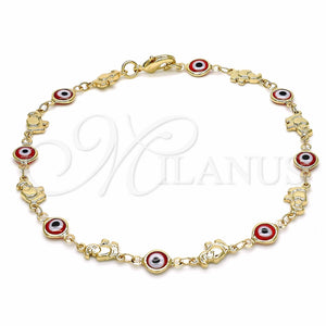 Tobillera Elegante 03.326.0010.1.10 Oro Laminado, Diseño de Ojo Griego y Elefante, Resinado Rojo, Tono Dorado (07 MM Thickness, 10 Inches Length)