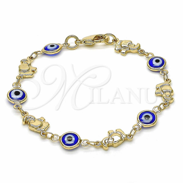 Pulsera Elegante 03.326.0010.2.06 Oro Laminado, Diseño de Ojo Griego y Elefante, Resinado Azul, Tono Dorado (07 MM Thickness, 6 Inches Length)