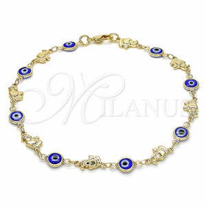Tobillera Elegante 03.326.0010.2.10 Oro Laminado, Diseño de Ojo Griego y Elefante, Resinado Azul, Tono Dorado (07 MM Thickness, 10 Inches Length)