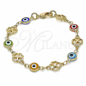 Pulsera Elegante 03.326.0011.06 Oro Laminado, Diseño de Ojo Griego y Trébol de Cuatro Hojas, Resinado Multicolor, Tono Dorado (08 MM Thickness, 6 Inches Length)