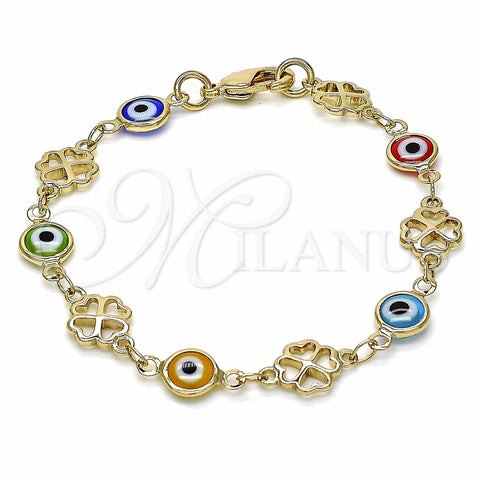 Pulsera Elegante 03.326.0011.06 Oro Laminado, Diseño de Ojo Griego y Trébol de Cuatro Hojas, Resinado Multicolor, Tono Dorado (08 MM Thickness, 6 Inches Length)