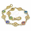 Pulsera Elegante 03.326.0011.08 Oro Laminado, Diseño de Ojo Griego y Trébol de Cuatro Hojas, Resinado Multicolor, Tono Dorado (08 MM Thickness, 8 Inches Length)