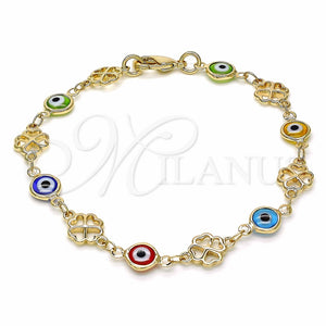 Pulsera Elegante 03.326.0011.08 Oro Laminado, Diseño de Ojo Griego y Trébol de Cuatro Hojas, Resinado Multicolor, Tono Dorado (08 MM Thickness, 8 Inches Length)