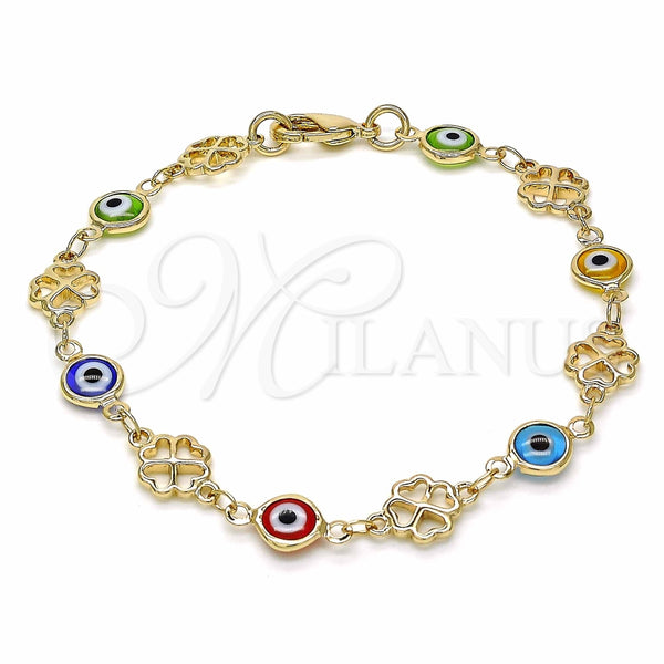 Pulsera Elegante 03.326.0011.08 Oro Laminado, Diseño de Ojo Griego y Trébol de Cuatro Hojas, Resinado Multicolor, Tono Dorado (08 MM Thickness, 8 Inches Length)