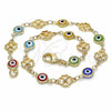 Tobillera Elegante 03.326.0011.10 Oro Laminado, Diseño de Ojo Griego y Trébol de Cuatro Hojas, Resinado Multicolor, Tono Dorado (08 MM Thickness, 10 Inches Length)