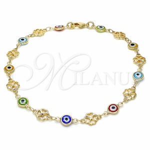 Tobillera Elegante 03.326.0011.10 Oro Laminado, Diseño de Ojo Griego y Trébol de Cuatro Hojas, Resinado Multicolor, Tono Dorado (08 MM Thickness, 10 Inches Length)