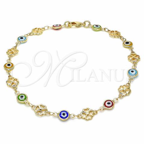 Tobillera Elegante 03.326.0011.10 Oro Laminado, Diseño de Ojo Griego y Trébol de Cuatro Hojas, Resinado Multicolor, Tono Dorado (08 MM Thickness, 10 Inches Length)