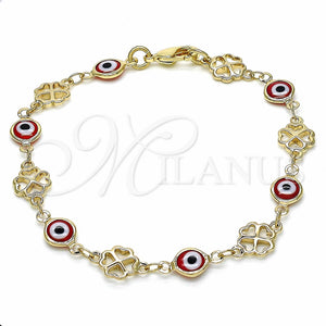 Pulsera Elegante 03.326.0011.1.08 Oro Laminado, Diseño de Ojo Griego y Trébol de Cuatro Hojas, Resinado Rojo, Tono Dorado (08 MM Thickness, 8 Inches Length)