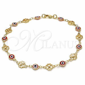 Tobillera Elegante 03.326.0011.1.10 Oro Laminado, Diseño de Ojo Griego y Trébol de Cuatro Hojas, Resinado Rojo, Tono Dorado (08 MM Thickness, 10 Inches Length)