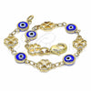 Pulsera Elegante 03.326.0011.2.06 Oro Laminado, Diseño de Ojo Griego y Trébol de Cuatro Hojas, Resinado Azul, Tono Dorado (08 MM Thickness, 6 Inches Length)