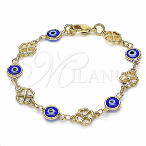 Pulsera Elegante 03.326.0011.2.06 Oro Laminado, Diseño de Ojo Griego y Trébol de Cuatro Hojas, Resinado Azul, Tono Dorado (08 MM Thickness, 6 Inches Length)