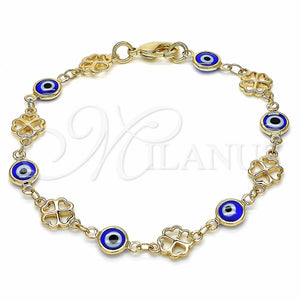 Pulsera Elegante 03.326.0011.2.08 Oro Laminado, Diseño de Ojo Griego y Trébol de Cuatro Hojas, Resinado Azul, Tono Dorado (08 MM Thickness, 8 Inches Length)