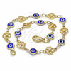 Tobillera Elegante 03.326.0011.2.10 Oro Laminado, Diseño de Ojo Griego y Trébol de Cuatro Hojas, Resinado Azul, Tono Dorado (08 MM Thickness, 10 Inches Length)