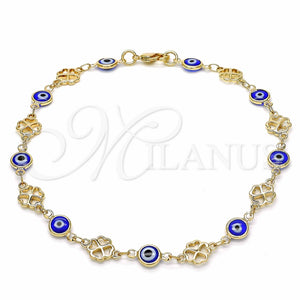 Tobillera Elegante 03.326.0011.2.10 Oro Laminado, Diseño de Ojo Griego y Trébol de Cuatro Hojas, Resinado Azul, Tono Dorado (08 MM Thickness, 10 Inches Length)