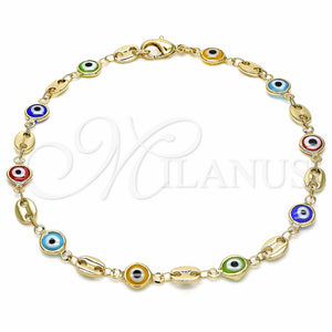 Tobillera Elegante 03.326.0012.10 Oro Laminado, Diseño de Ojo Griego, Resinado Multicolor, Tono Dorado (07 MM Thickness, 10 Inches Length)