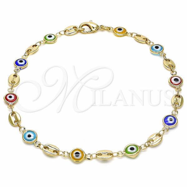 Tobillera Elegante 03.326.0012.10 Oro Laminado, Diseño de Ojo Griego, Resinado Multicolor, Tono Dorado (07 MM Thickness, 10 Inches Length)