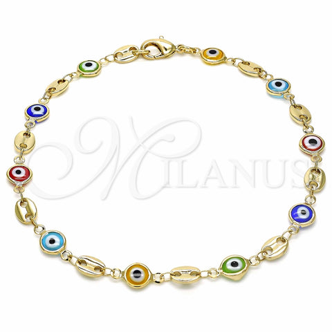 Tobillera Elegante 03.326.0012.10 Oro Laminado, Diseño de Ojo Griego, Resinado Multicolor, Tono Dorado (07 MM Thickness, 10 Inches Length)