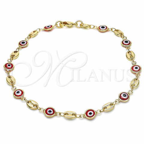 Tobillera Elegante 03.326.0012.1.10 Oro Laminado, Diseño de Ojo Griego, Resinado Rojo, Tono Dorado (07 MM Thickness, 10 Inches Length)