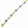 Tobillera Elegante 03.326.0012.2.10 Oro Laminado, Diseño de Ojo Griego, Resinado Azul, Tono Dorado (07 MM Thickness, 10 Inches Length)