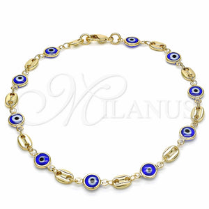 Tobillera Elegante 03.326.0012.2.10 Oro Laminado, Diseño de Ojo Griego, Resinado Azul, Tono Dorado (07 MM Thickness, 10 Inches Length)