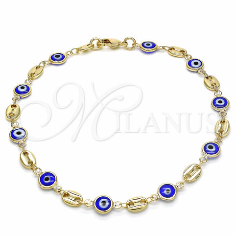 Tobillera Elegante 03.326.0012.2.10 Oro Laminado, Diseño de Ojo Griego, Resinado Azul, Tono Dorado (07 MM Thickness, 10 Inches Length)