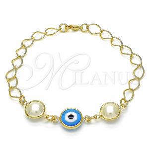 Pulsera Elegante 03.09.0068.1.07 Oro Laminado, Diseño de Ojo Griego, con Blanca Perla, Pulido Azul, Tono Dorado (7 Inches Length)