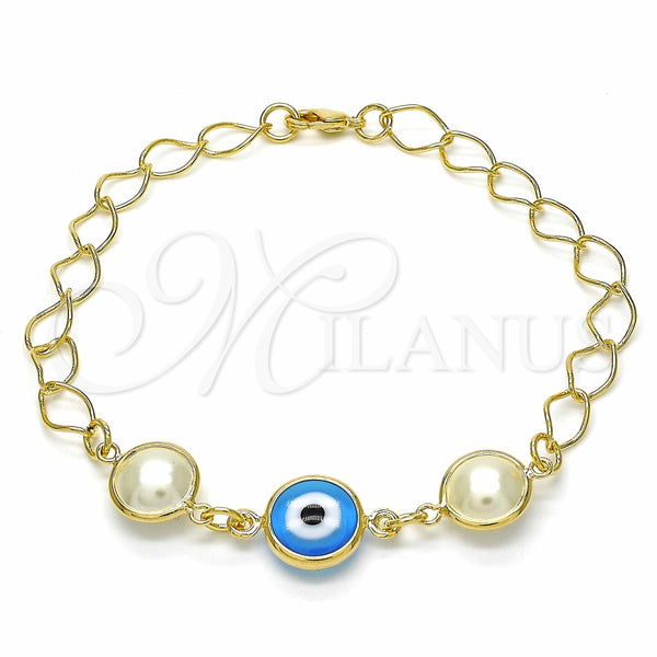 Pulsera Elegante 03.09.0068.1.07 Oro Laminado, Diseño de Ojo Griego, con Blanca Perla, Pulido Azul, Tono Dorado (7 Inches Length)