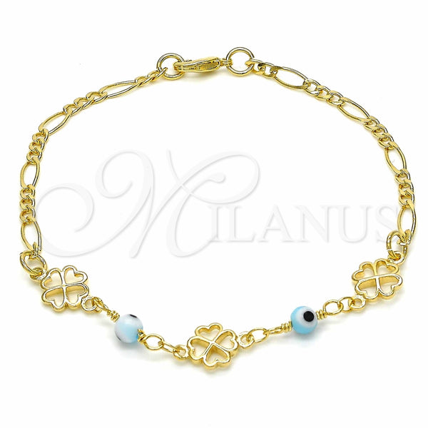 Pulsera Elegante 03.09.0066.07 Oro Laminado, Diseño de Ojo Griego y Corazón, Pulido Azul, Tono Dorado (7 Inches Length)