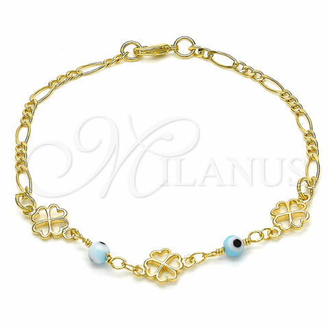 Pulsera Elegante 03.09.0066.07 Oro Laminado, Diseño de Ojo Griego y Corazón, Pulido Azul, Tono Dorado (7 Inches Length)