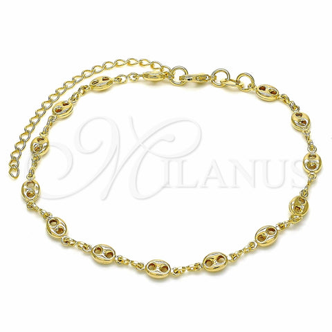 Tobillera Elegante 04.09.0185.10 Oro Laminado, Diseño de Puff Mariner, Pulido, Tono Dorado (03 MM Thickness, 10 Inches Length)