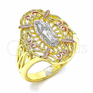 Anillo Elegante 01.253.0018.09 Oro Laminado, Diseño de Guadalupe, Pulido, Tres Tonos (Size 9)