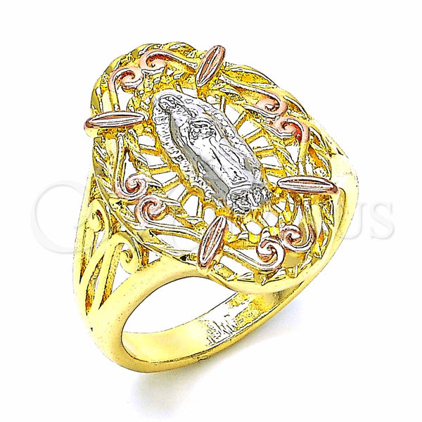 Anillo Elegante 01.253.0018.09 Oro Laminado, Diseño de Guadalupe, Pulido, Tres Tonos (Size 9)