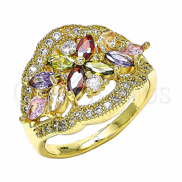 Anillo Multi Piedra 01.283.0007.1.08 Oro Laminado, Diseño de Flor, con Multicolor Zirconia Cubica, Pulido, Tono Dorado (Size 8)
