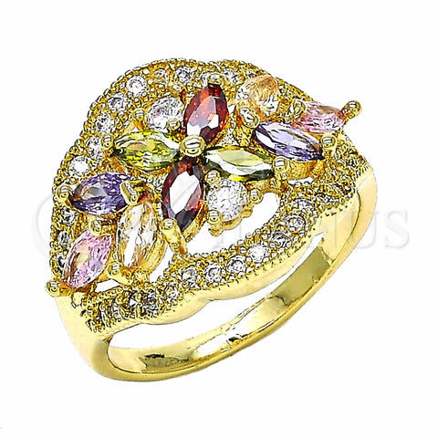 Anillo Multi Piedra 01.283.0007.1.08 Oro Laminado, Diseño de Flor, con Multicolor Zirconia Cubica, Pulido, Tono Dorado (Size 8)