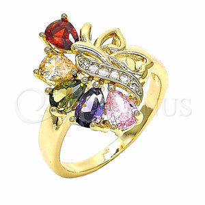 Anillo Multi Piedra 01.283.0013.1.07 Oro Laminado, Diseño de Gota y Corazón, con Multicolor Zirconia Cubica, Pulido, Tono Dorado (Size 7)