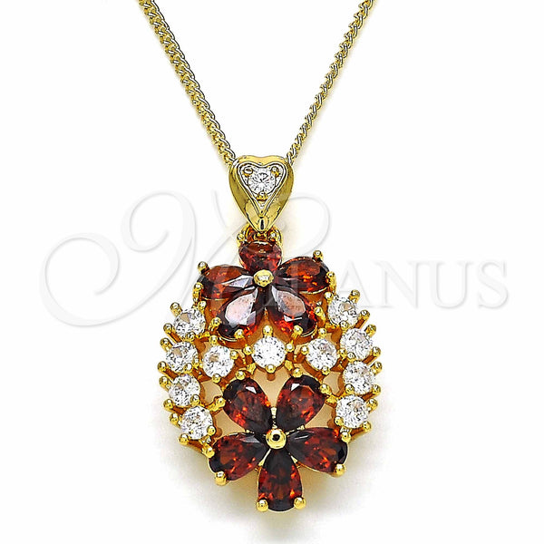 Collares con Dije 04.346.0013.20 Oro Laminado, Diseño de Flor, con Granate and Blanca Zirconia Cubica, Pulido, Tono Dorado (02 MM Thickness, 20 Inches Length)