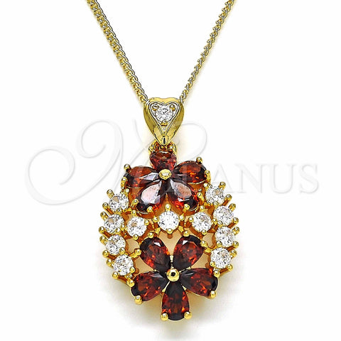 Collares con Dije 04.346.0013.20 Oro Laminado, Diseño de Flor, con Granate and Blanca Zirconia Cubica, Pulido, Tono Dorado (02 MM Thickness, 20 Inches Length)