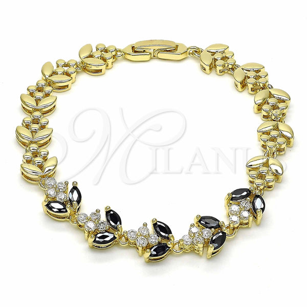 Pulsera Elegante 03.316.0077.08 Oro Laminado, Diseño de Oja, con Negro and Blanca Zirconia Cubica, Pulido, Tono Dorado (09 MM Thickness, 8 Inches Length)
