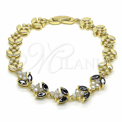 Pulsera Elegante 03.316.0077.08 Oro Laminado, Diseño de Oja, con Negro and Blanca Zirconia Cubica, Pulido, Tono Dorado (09 MM Thickness, 8 Inches Length)
