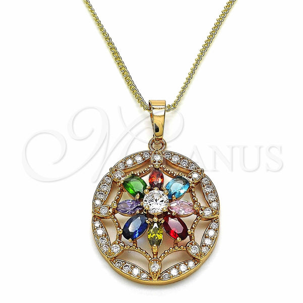 Collares con Dije 04.284.0019.20 Oro Laminado, Diseño de Flor, con Multicolor Zirconia Cubica, Pulido, Tono Dorado (02 MM Thickness, 20 Inches Length)