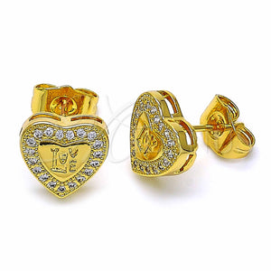 Arete Dormilona 02.344.0024 Oro Laminado, Diseño de Corazón y Amor, con Blanca Micro Pave, Pulido, Tono Dorado