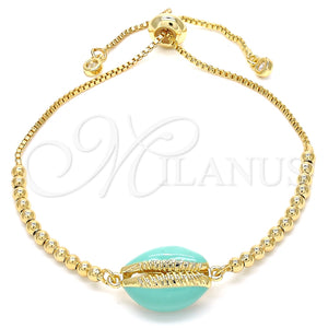 Pulsera Bolo Ajustable 03.63.2089.10 Oro Laminado, Diseño de Concha, con Blanca Zirconia Cubica, Esmaltado Turquesa, Tono Dorado (01 MM Thickness, 10 Inches Length)