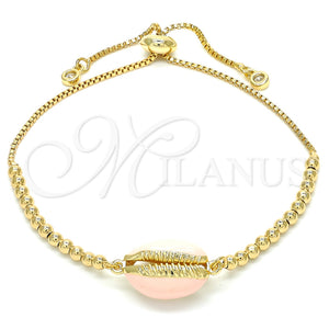 Pulsera Bolo Ajustable 03.63.2089.1.10 Oro Laminado, Diseño de Concha, con Blanca Zirconia Cubica, Esmaltado Rosado, Tono Dorado (01 MM Thickness, 10 Inches Length)