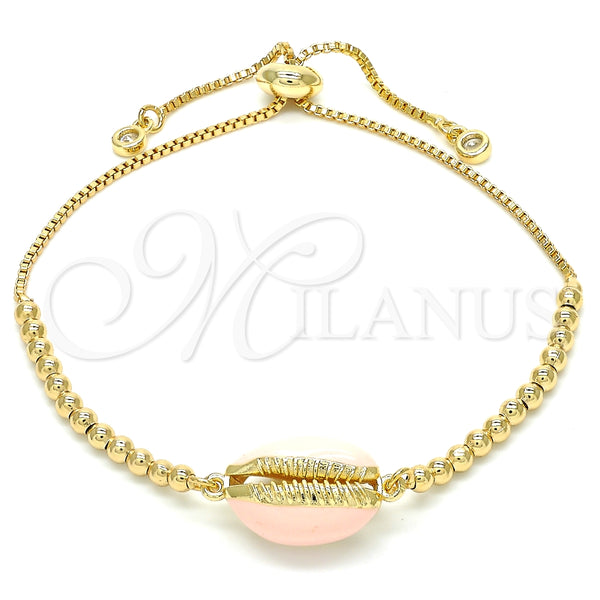 Pulsera Bolo Ajustable 03.63.2089.1.10 Oro Laminado, Diseño de Concha, con Blanca Zirconia Cubica, Esmaltado Rosado, Tono Dorado (01 MM Thickness, 10 Inches Length)
