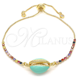 Pulsera Bolo Ajustable 03.63.2090.10 Oro Laminado, Diseño de Concha, con Multicolor Zirconia Cubica, Esmaltado Turquesa, Tono Dorado (01 MM Thickness, 10 Inches Length)